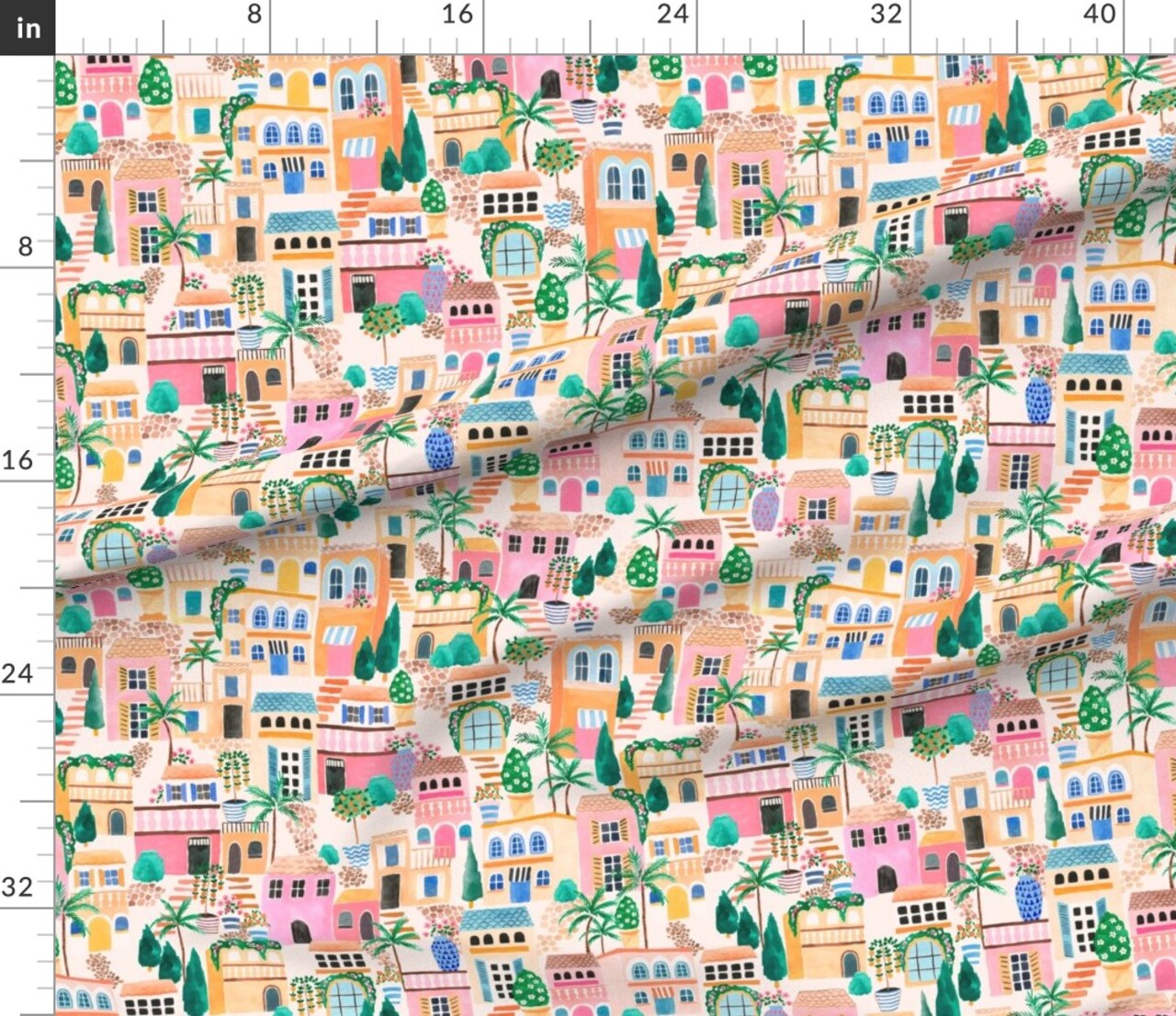 Various Fabrics by the Yard or Fat Quarter Pink Lake Seaside Palm Trees Houses Garden Tropical Italian Hand Painted Villa Adventure Plants Medium Scale Custom Printed Fabric by Spoonflower